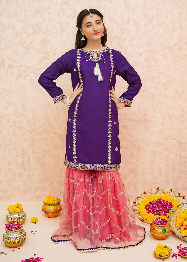 Modest - Rawsilk Gharara For Girl - Purple - 3 Piece
