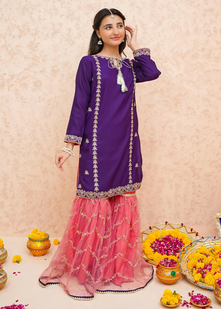 Modest - Rawsilk Gharara For Girl - Purple - 3 Piece