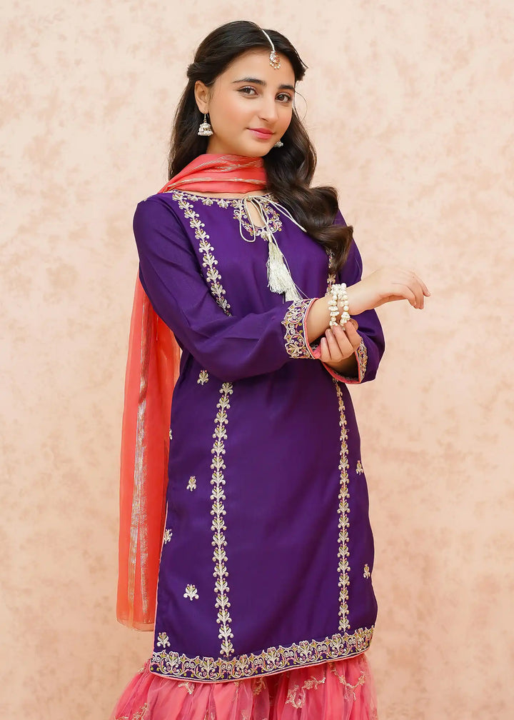 Modest - Rawsilk Gharara For Girl - Purple - 3 Piece