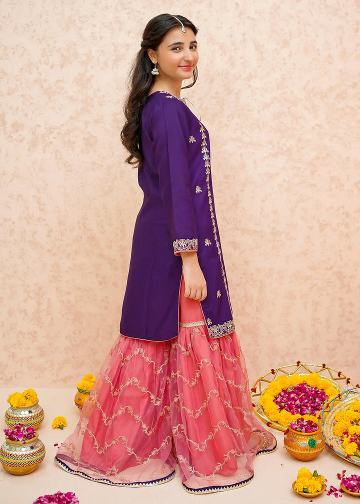 Modest - Rawsilk Gharara For Girl - Purple - 3 Piece