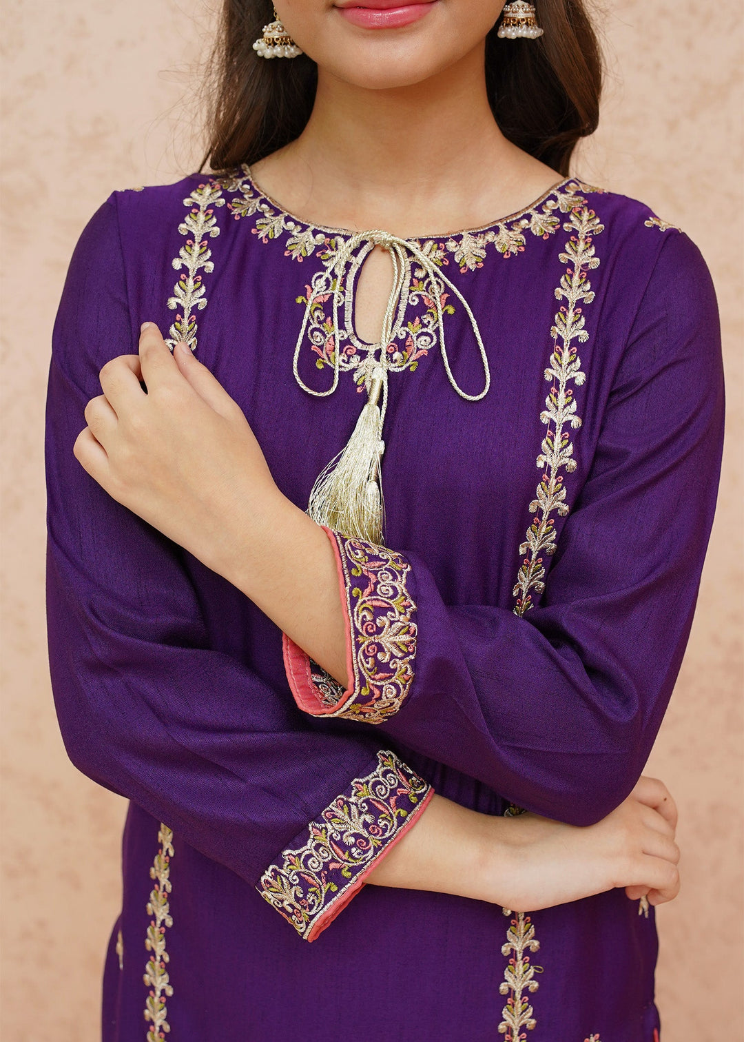 Modest - Rawsilk Gharara For Girl - Purple - 3 Piece