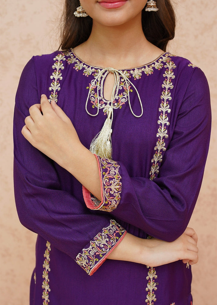Modest - Rawsilk Gharara For Girl - Purple - 3 Piece