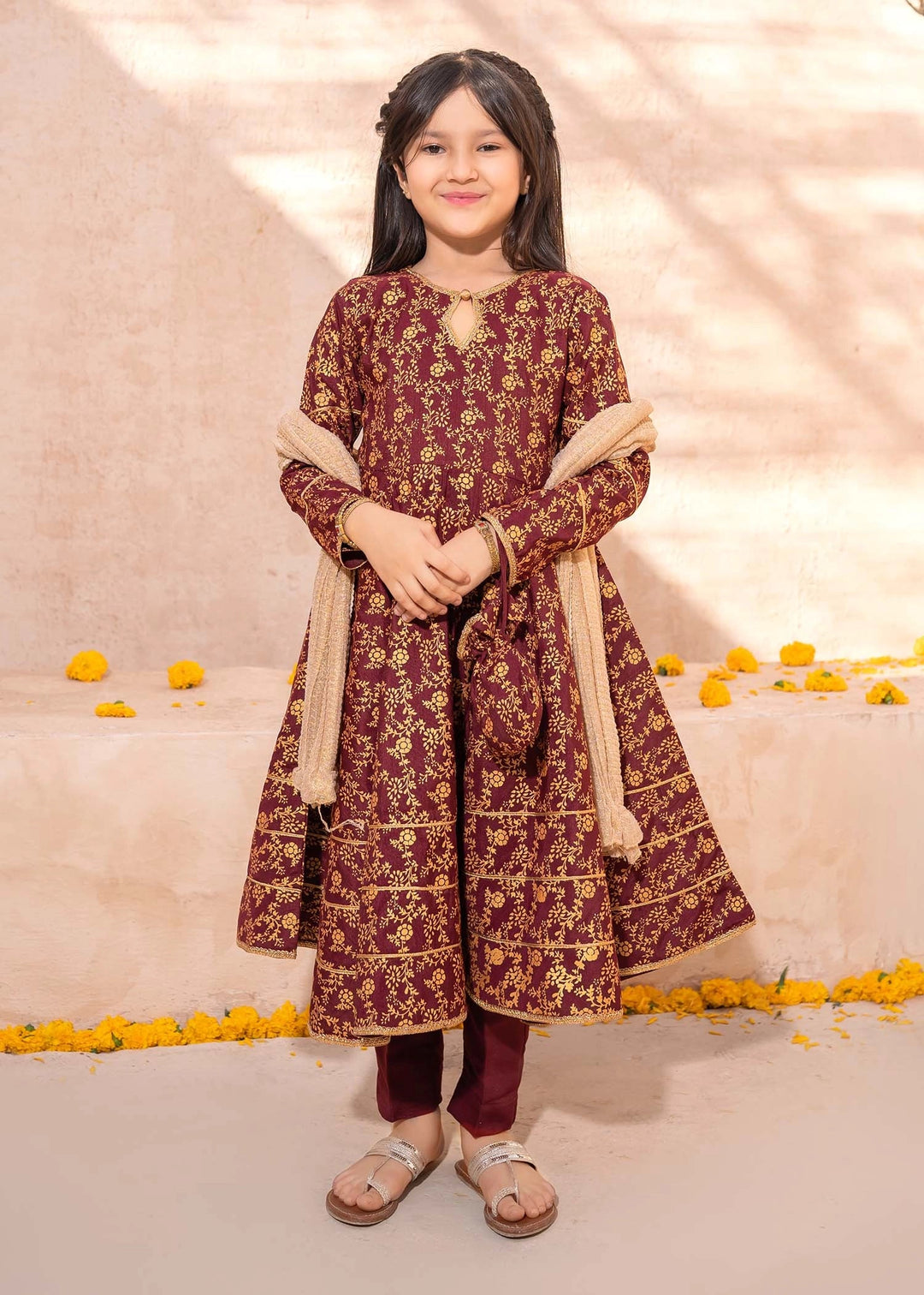 Modest - Rawsilk Printed Frock For Girl - Maroon - 3 Piece
