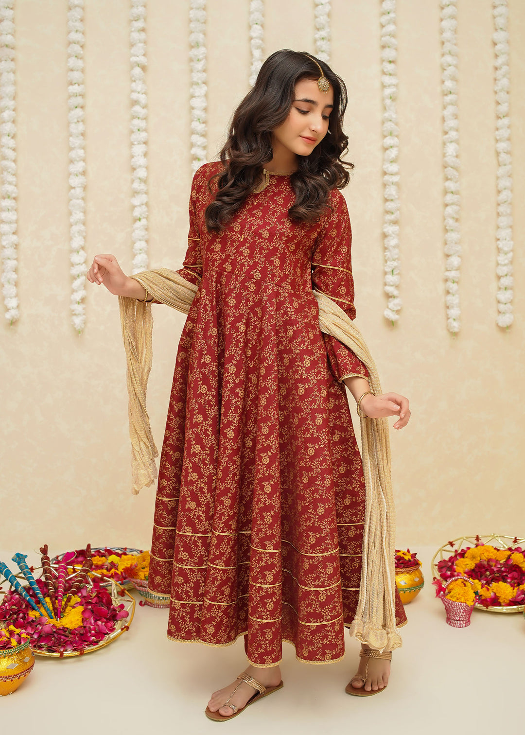 Modest - Rawsilk Printed Frock For Girl - Maroon - 3 Piece