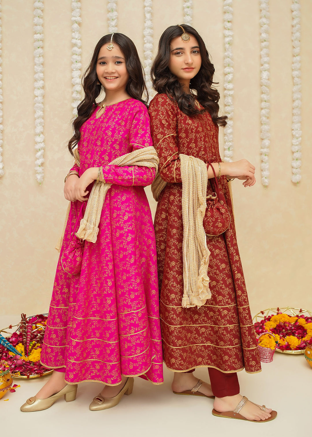 Modest - Rawsilk Printed Frock For Girl - Maroon - 3 Piece