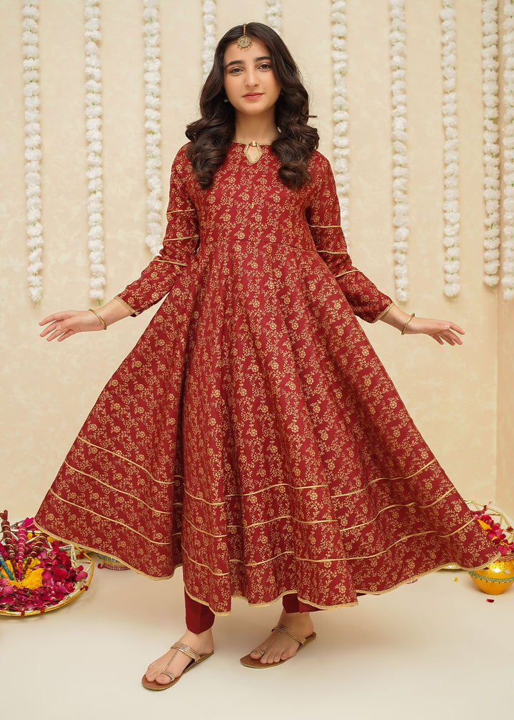 Modest - Rawsilk Printed Frock For Girl - Maroon - 3 Piece