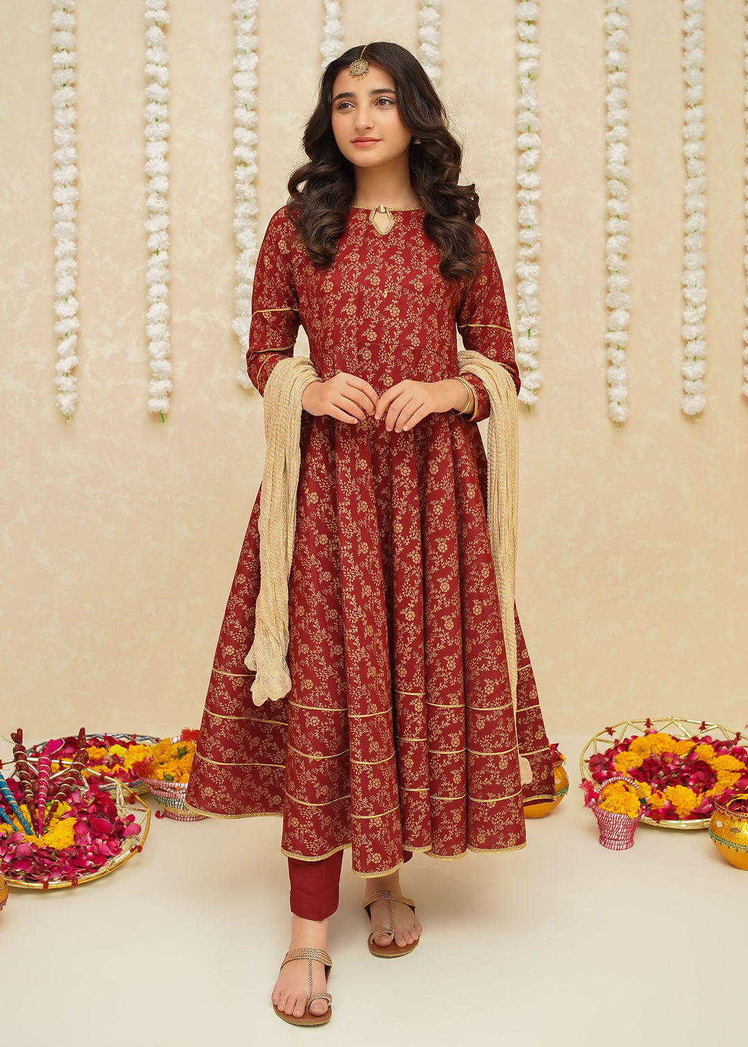 Modest - Rawsilk Printed Frock For Girl - Maroon - 3 Piece