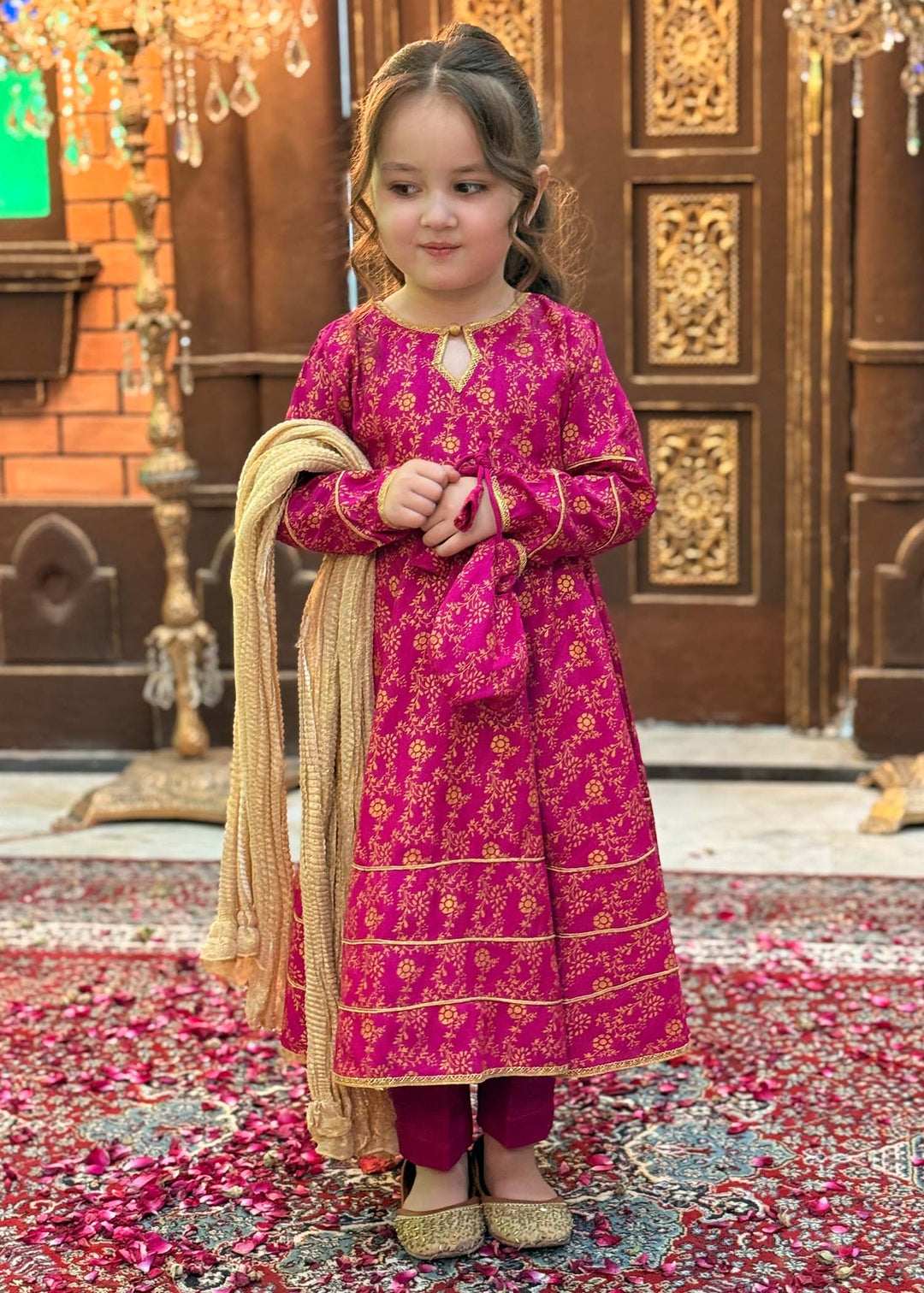 Modest - Rawsilk Printed Frock For Girl - Pink - 3 Piece