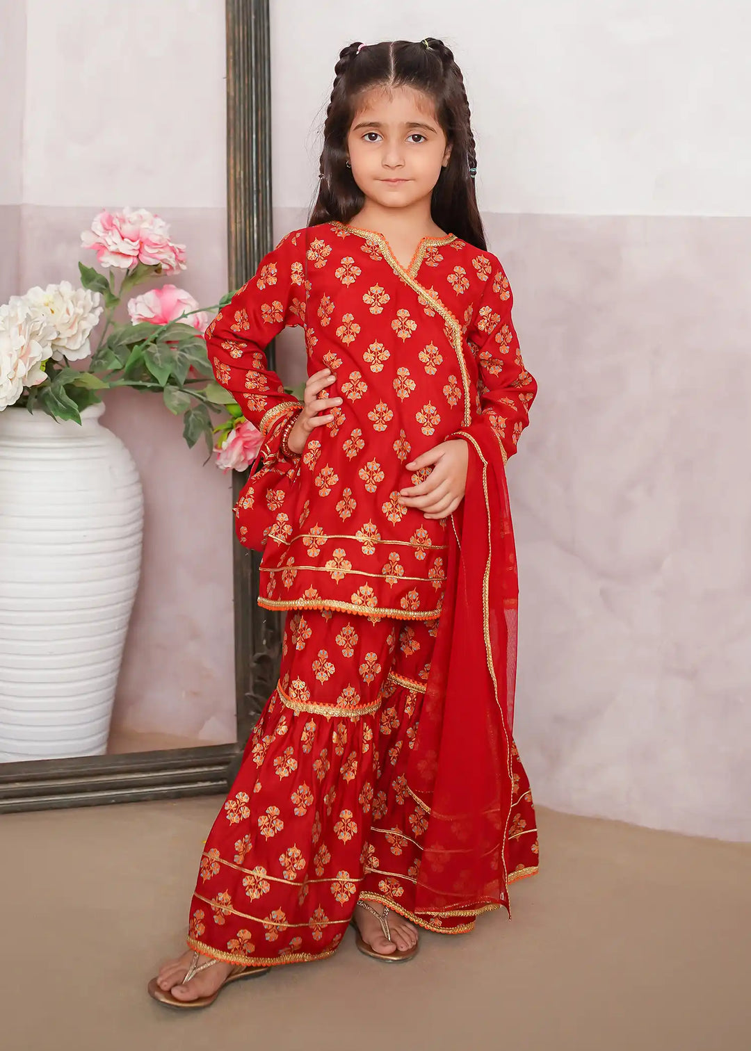 Modest - Rawsilk Printed Gharara For Girl - Red - 3 Piece