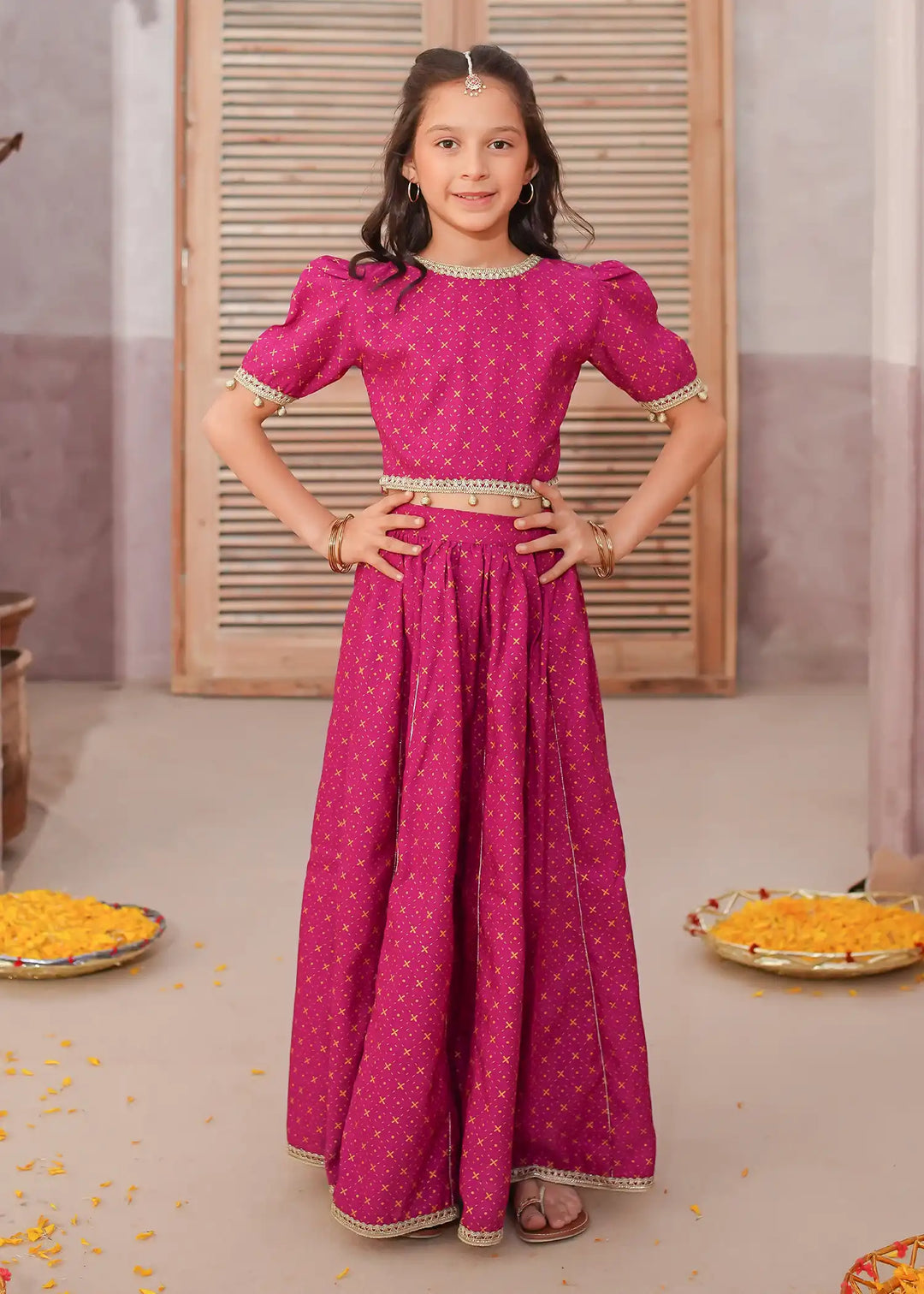 Modest - Rawsilk Printed Lehenga For Girl -  3 Piece