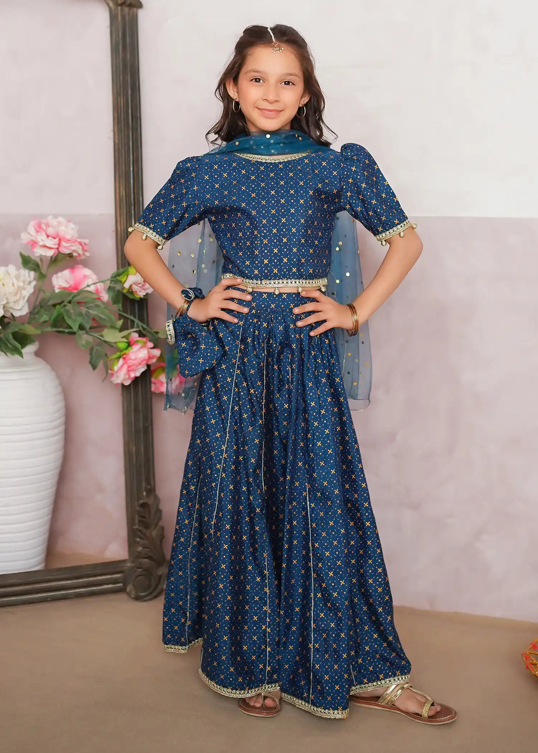 Modest - Rawsilk Printed Lehenga For Girl - Blue - 3 Piece