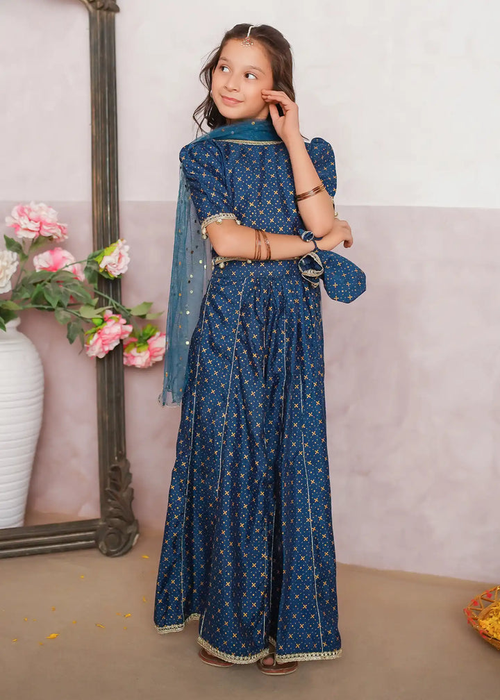 Modest - Rawsilk Printed Lehenga For Girl - Blue - 3 Piece