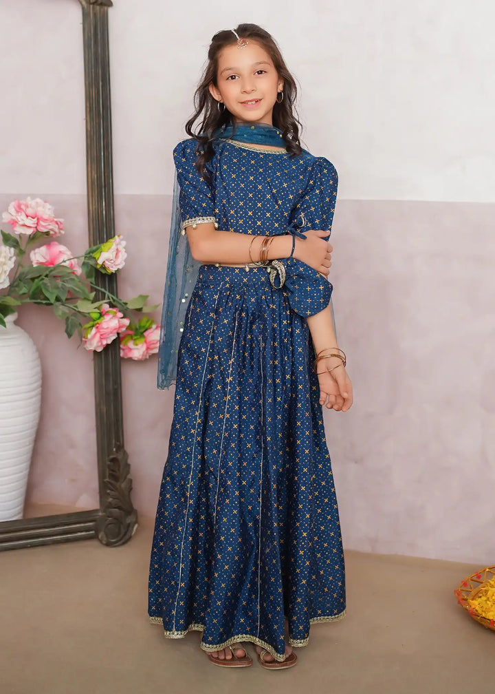 Modest - Rawsilk Printed Lehenga For Girl - Blue - 3 Piece