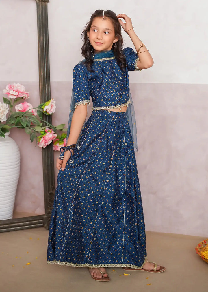Modest - Rawsilk Printed Lehenga For Girl - Blue - 3 Piece