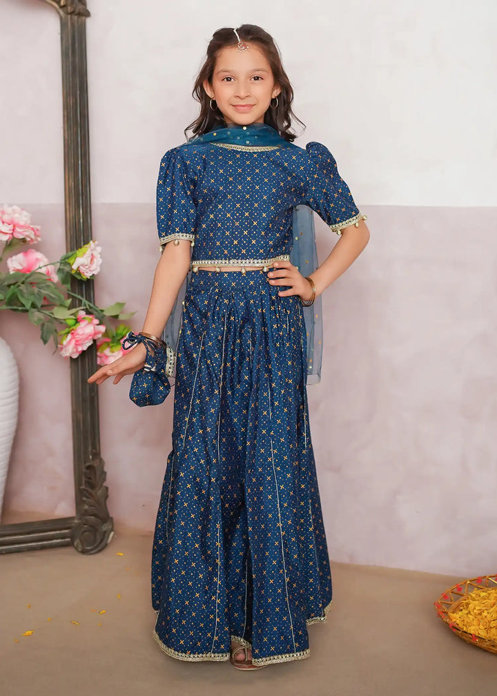Modest - Rawsilk Printed Lehenga For Girl - Blue - 3 Piece