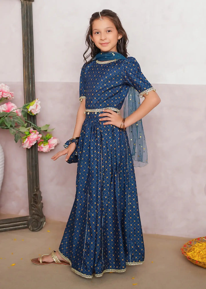 Modest - Rawsilk Printed Lehenga For Girl - Blue - 3 Piece