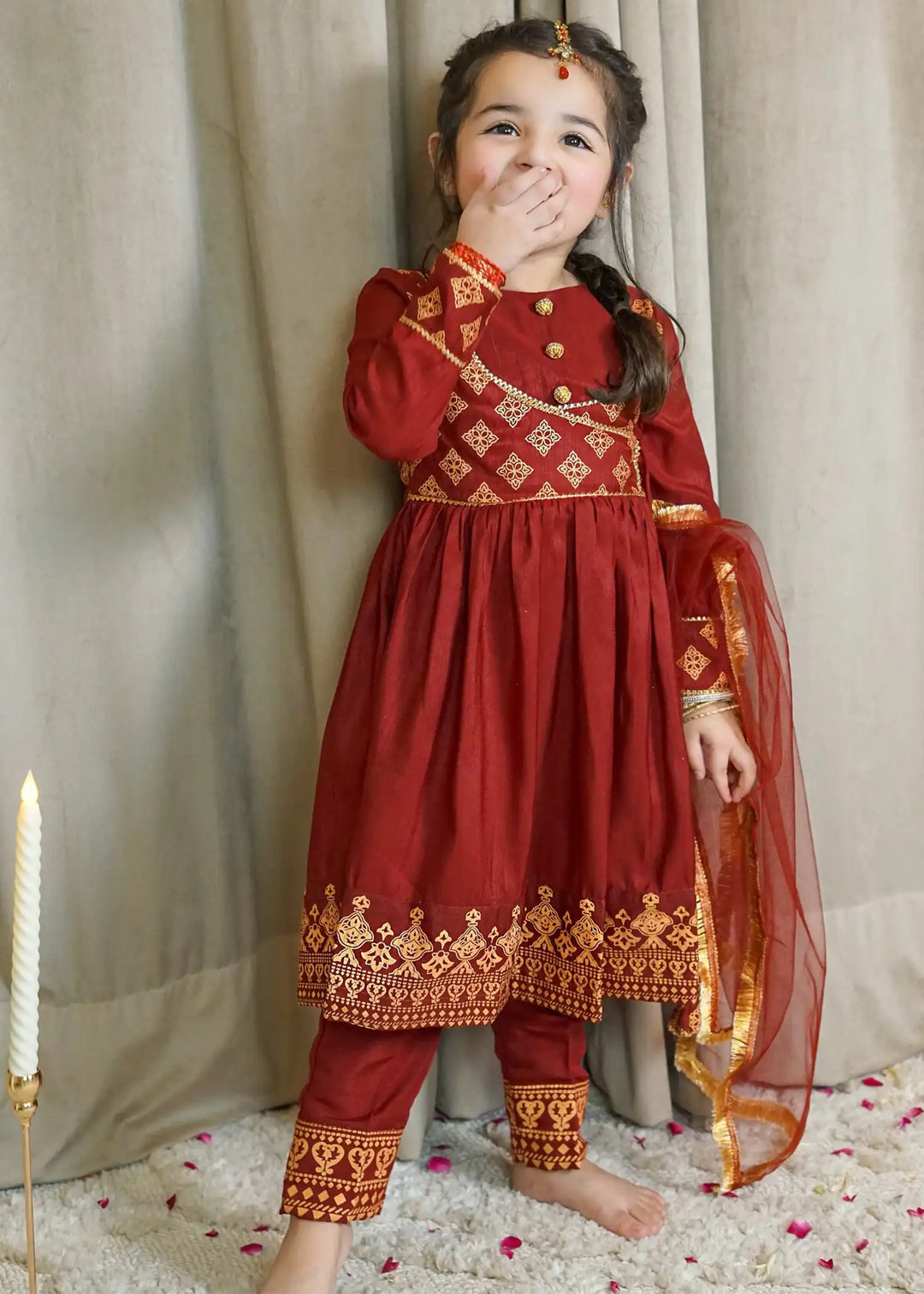 Modest - Rawsilk Suit For Girl - Maroon - 3 Piece