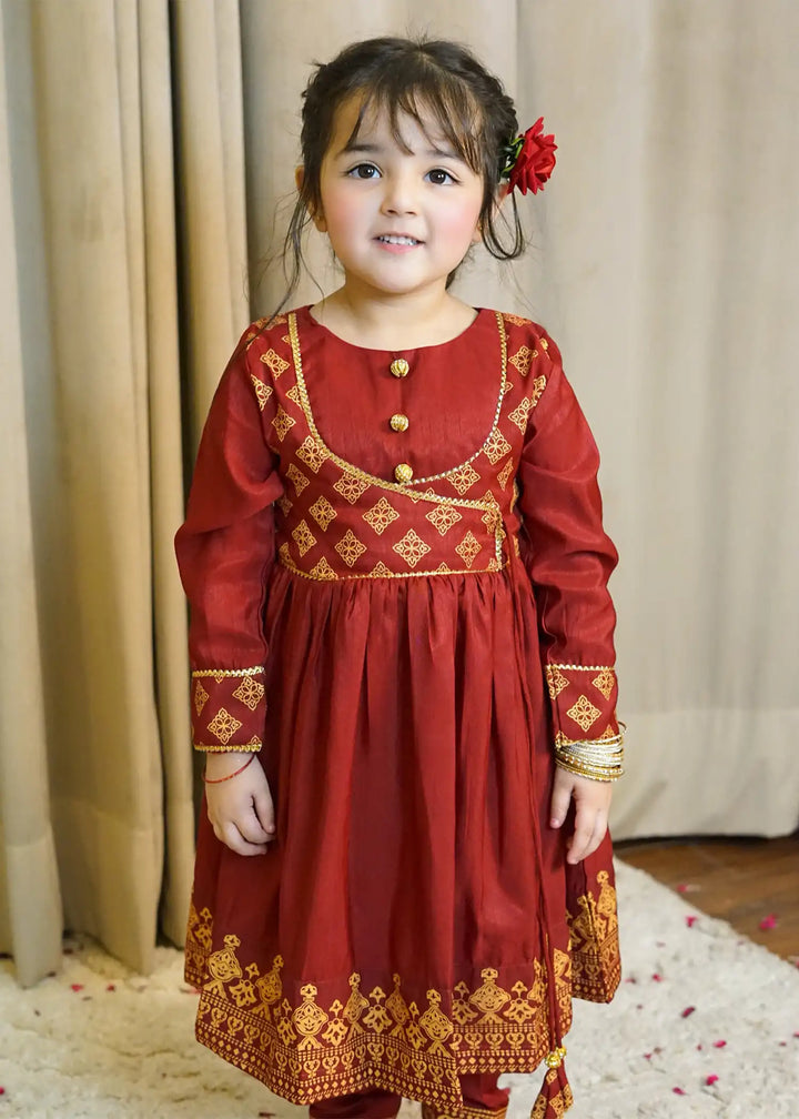 Modest - Rawsilk Suit For Girl - Maroon - 3 Piece