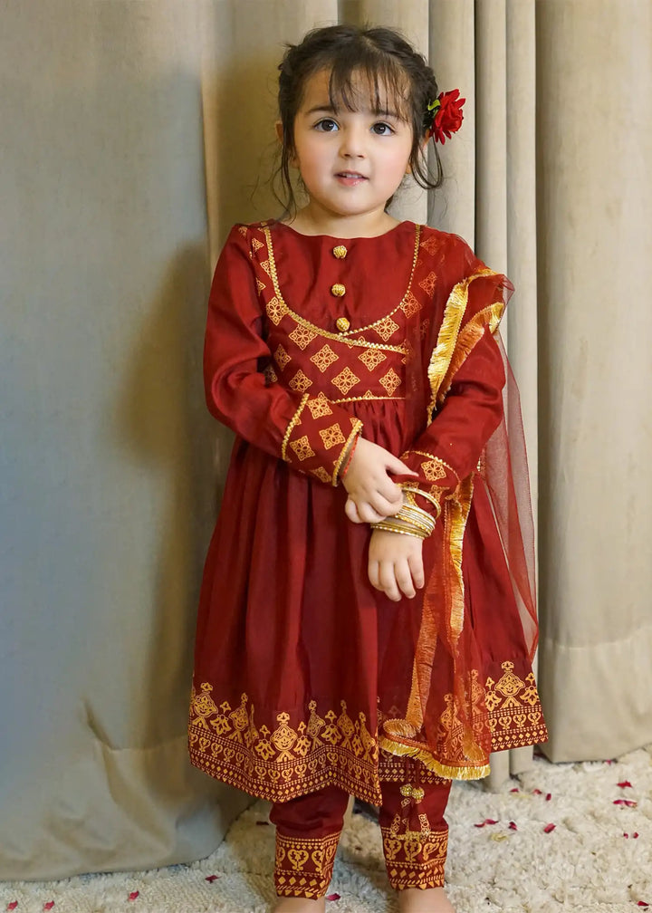 Modest - Rawsilk Suit For Girl - Maroon - 3 Piece