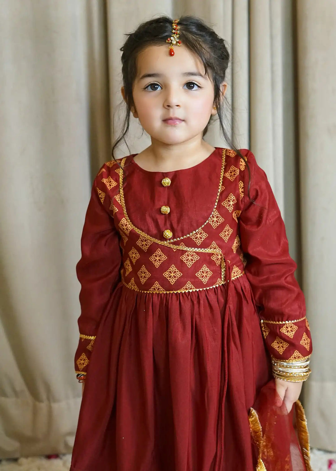 Modest - Rawsilk Suit For Girl - Maroon - 3 Piece