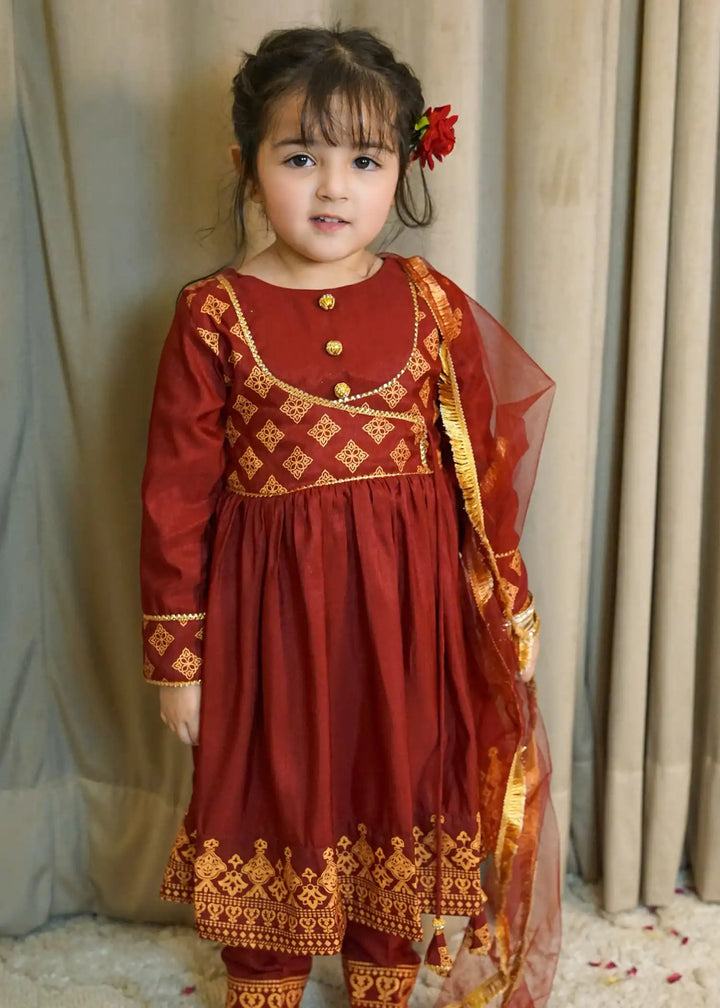 Modest - Rawsilk Suit For Girl - Maroon - 3 Piece