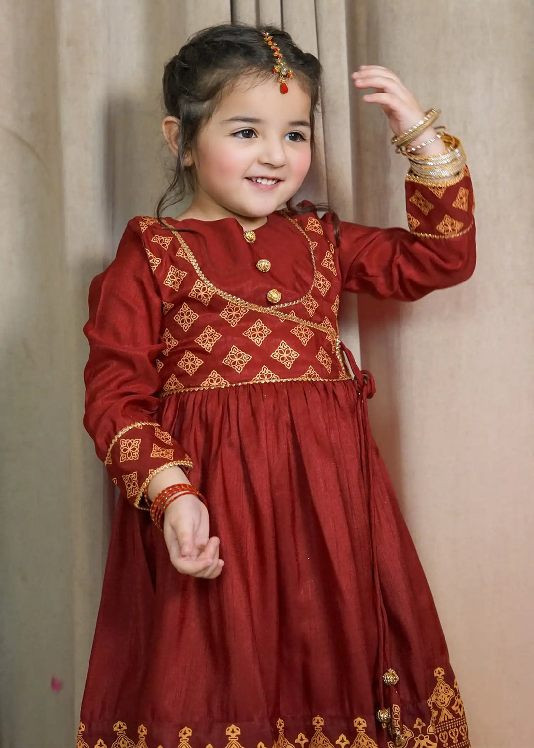 Modest - Rawsilk Suit For Girl - Maroon - 3 Piece