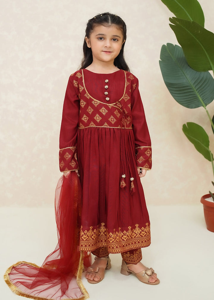 Modest - Rawsilk Suit For Girl - Maroon - 3 Piece