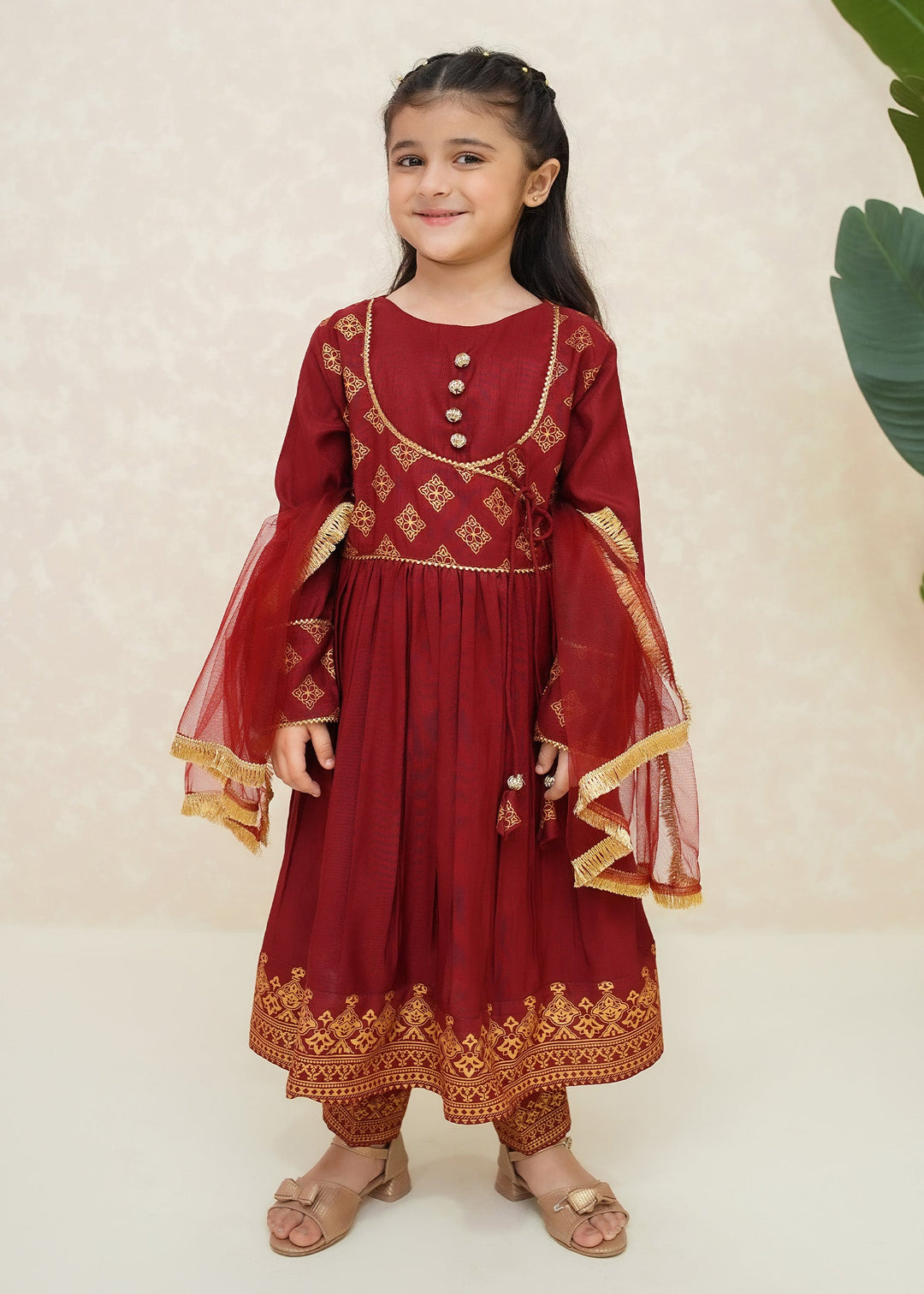 Modest - Rawsilk Suit For Girl - Maroon - 3 Piece