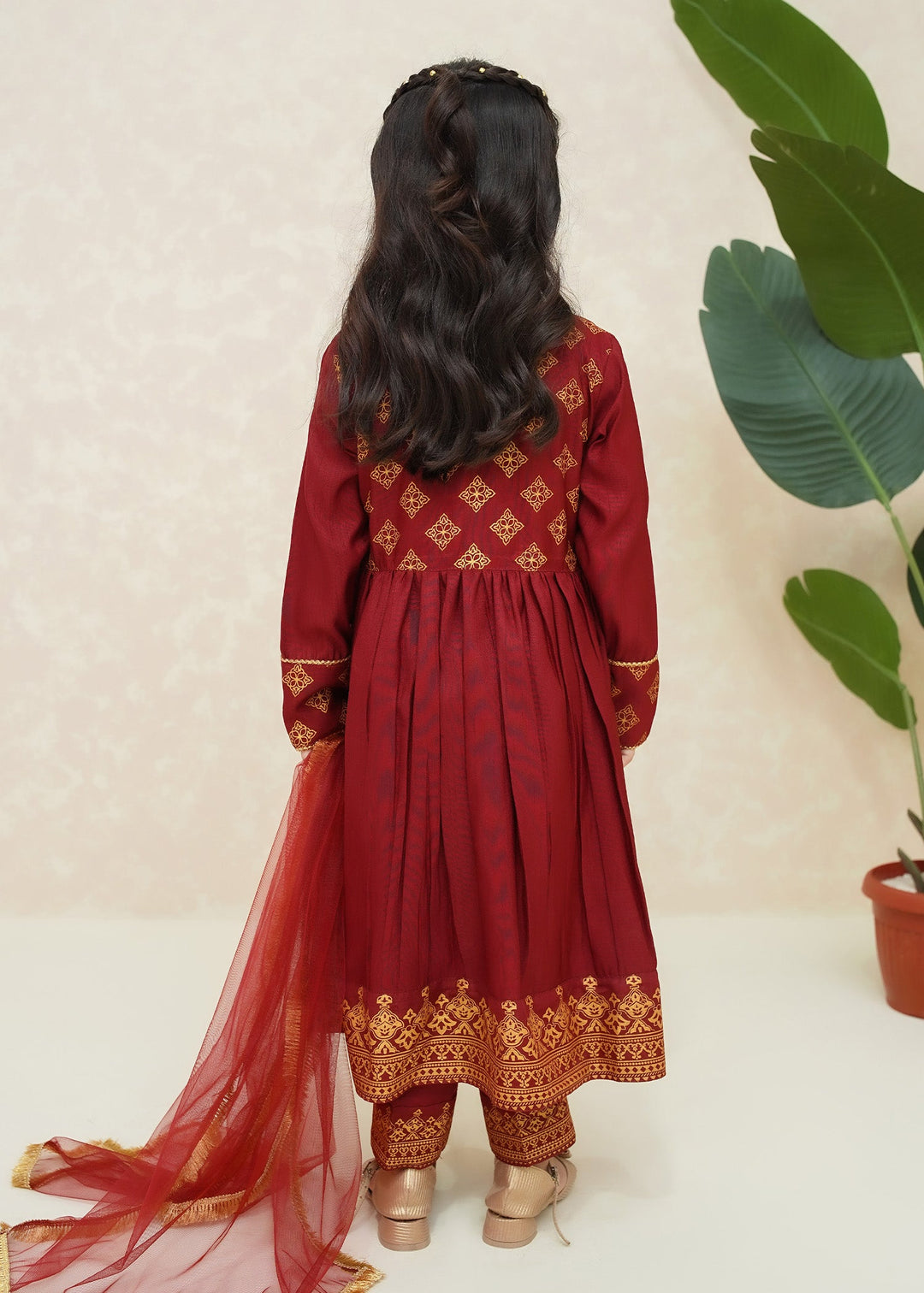 Modest - Rawsilk Suit For Girl - Maroon - 3 Piece