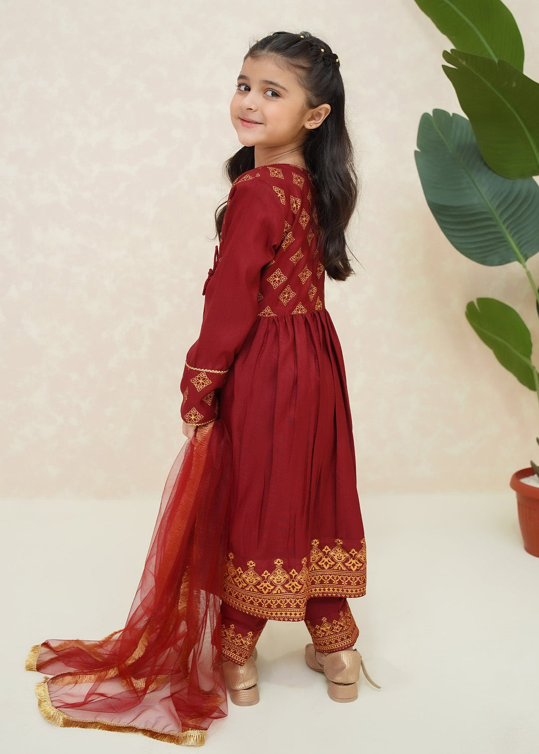 Modest - Rawsilk Suit For Girl - Maroon - 3 Piece