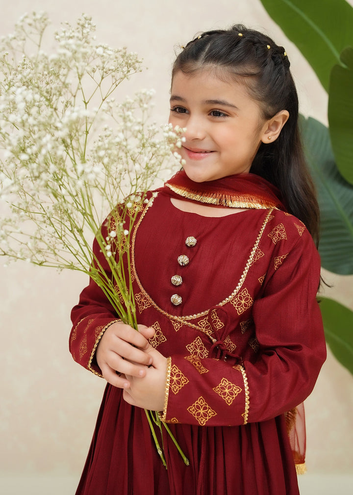 Modest - Rawsilk Suit For Girl - Maroon - 3 Piece
