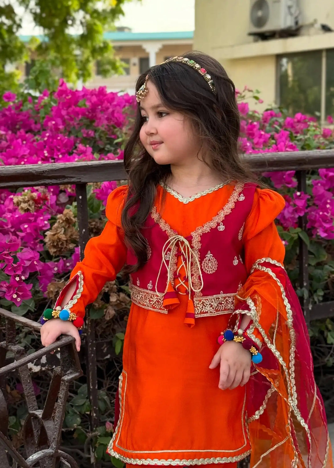 Modest - Rawsilk Toddler Dress For Girl - Orange - 3 Piece