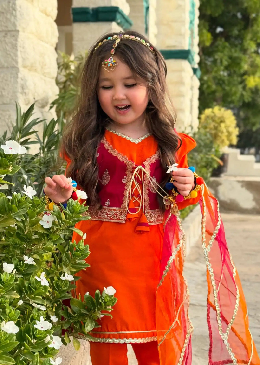 Modest - Rawsilk Toddler Dress For Girl - Orange - 3 Piece
