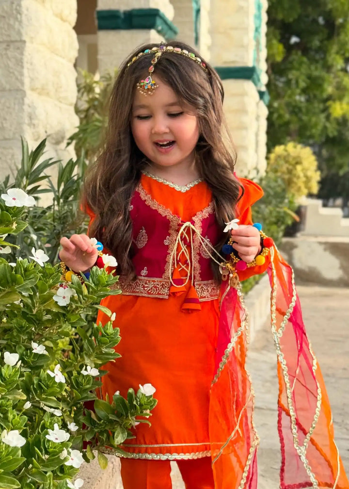 Modest - Rawsilk Toddler Dress For Girl - Orange - 3 Piece