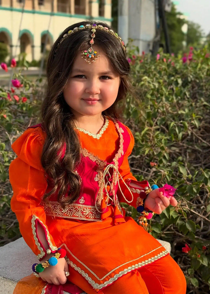 Modest - Rawsilk Toddler Dress For Girl - Orange - 3 Piece