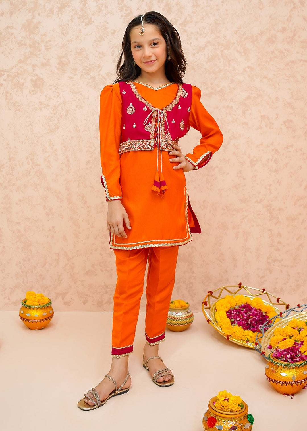Modest - Rawsilk Toddler Dress For Girl - Orange - 3 Piece