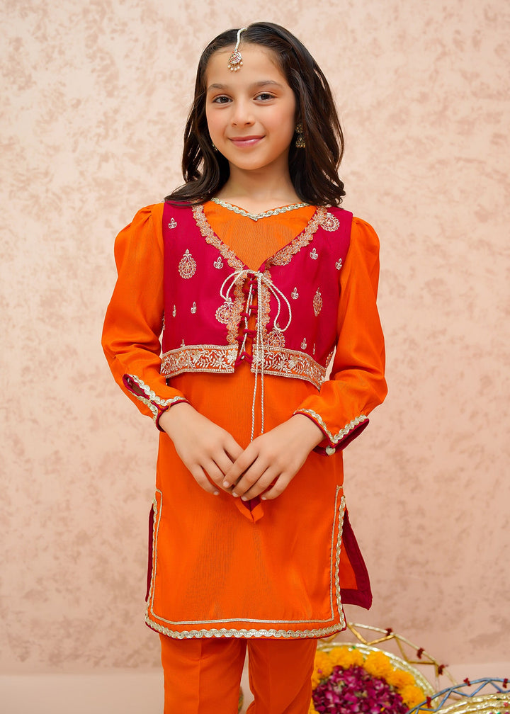 Modest - Rawsilk Toddler Dress For Girl - Orange - 3 Piece