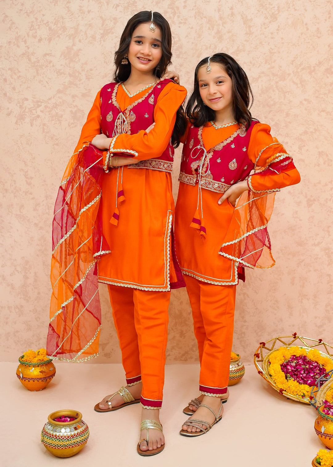 Modest - Rawsilk Toddler Dress For Girl - Orange - 3 Piece