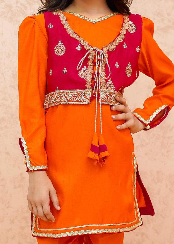 Modest - Rawsilk Toddler Dress For Girl - Orange - 3 Piece