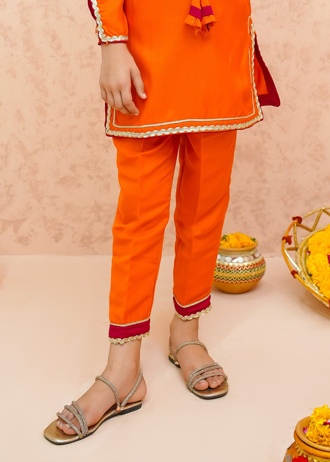 Modest - Rawsilk Toddler Dress For Girl - Orange - 3 Piece