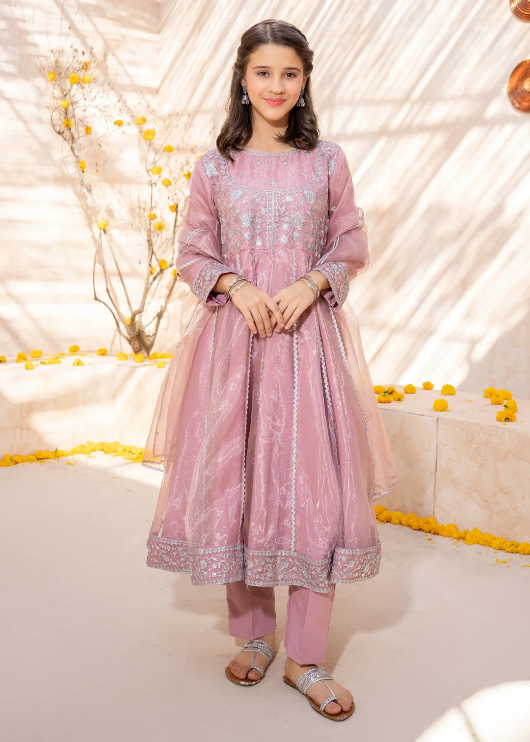 Modest - Tissue Embroidered Frock For Girl - Pink - 3 Piece