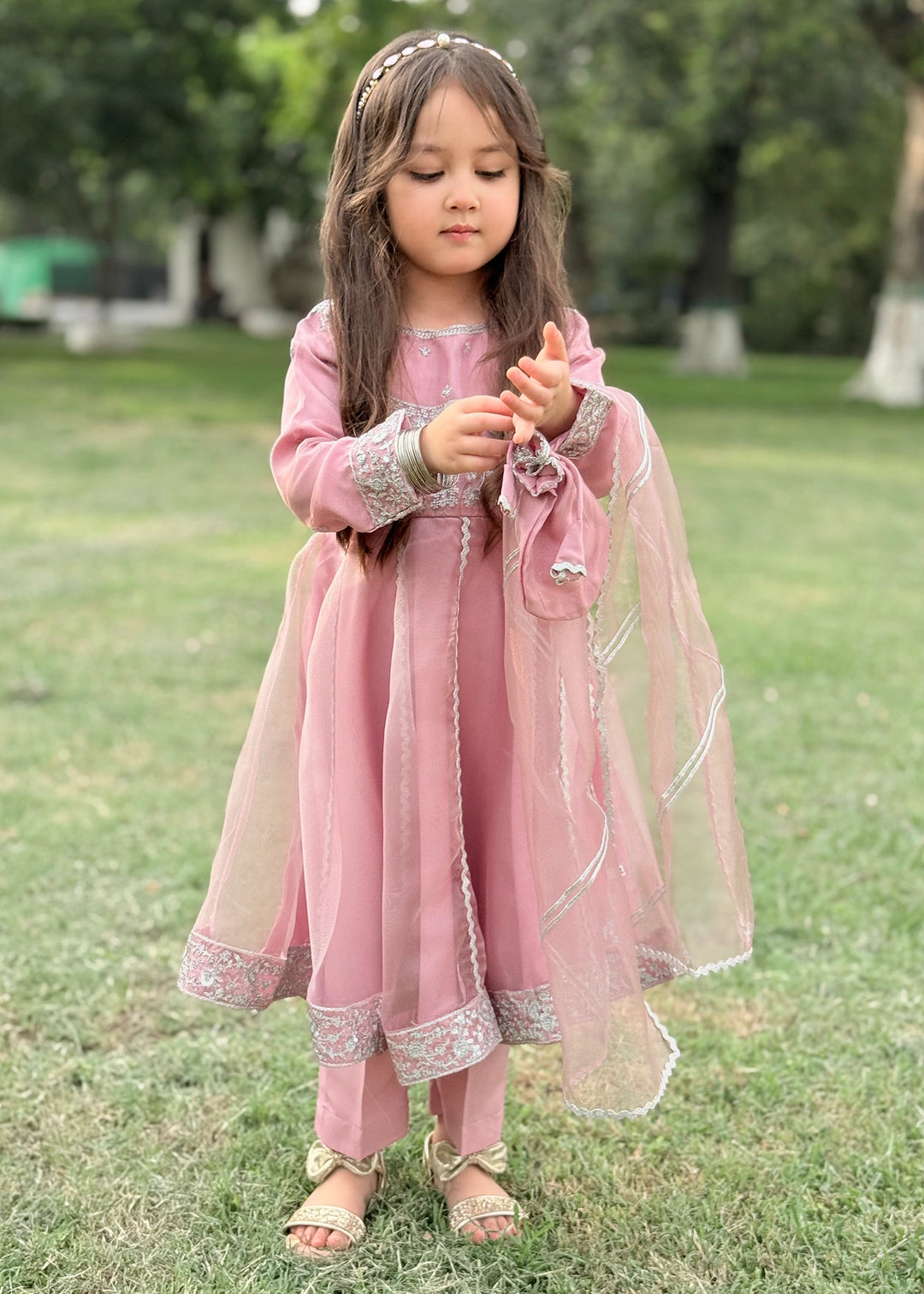 Modest - Tissue Embroidered Frock For Girl - Pink - 3 Piece