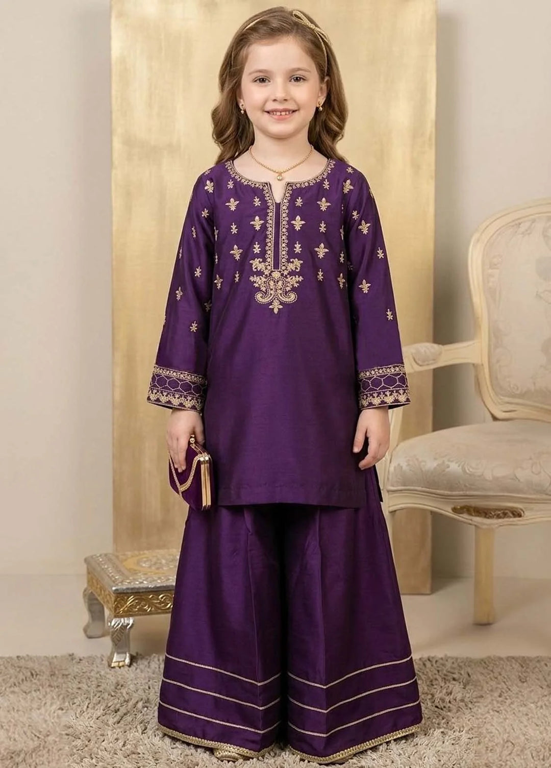 Modest - Viscose Embroidered Suit For Girl - Purple - 3 Piece