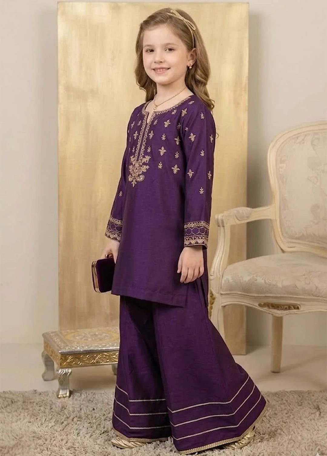 Modest - Viscose Embroidered Suit For Girl - Purple - 3 Piece