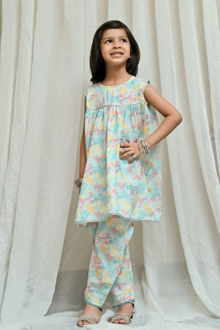 Mom4Little Aqua Blue printed Frock-2 piece
