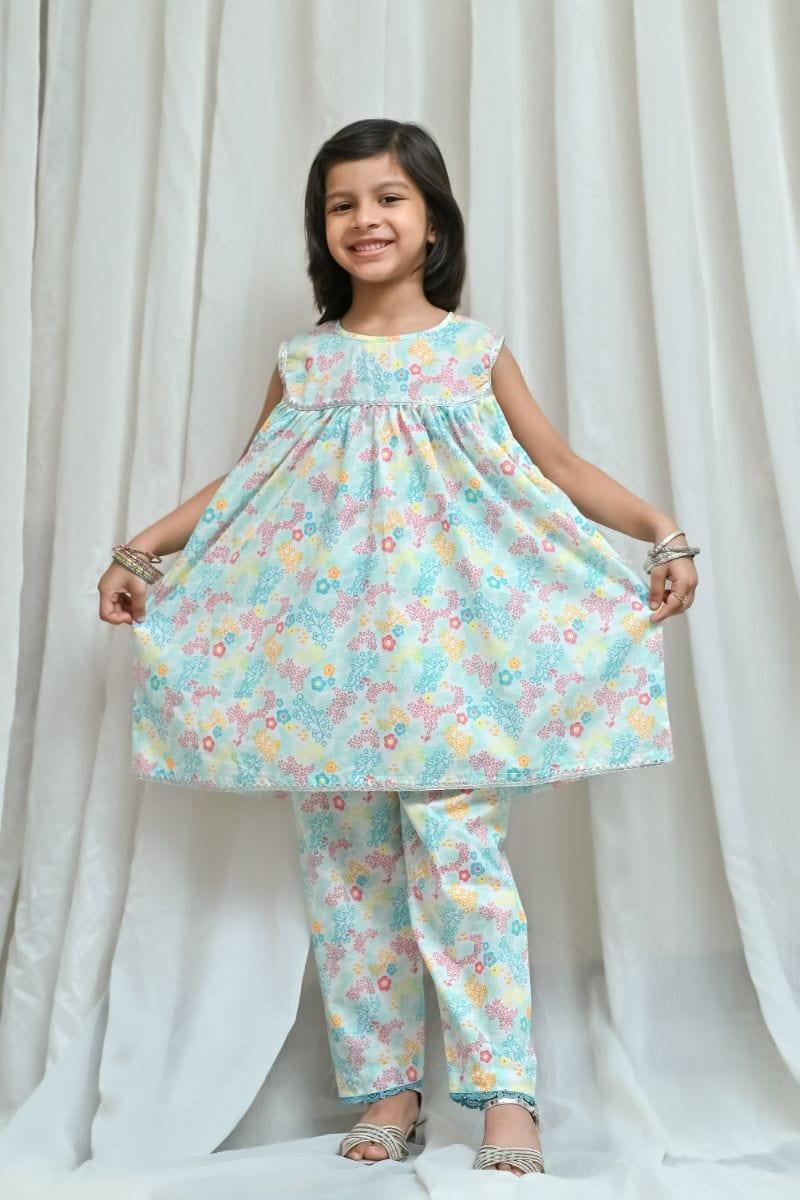 Mom4Little Aqua Blue printed Frock-2 piece