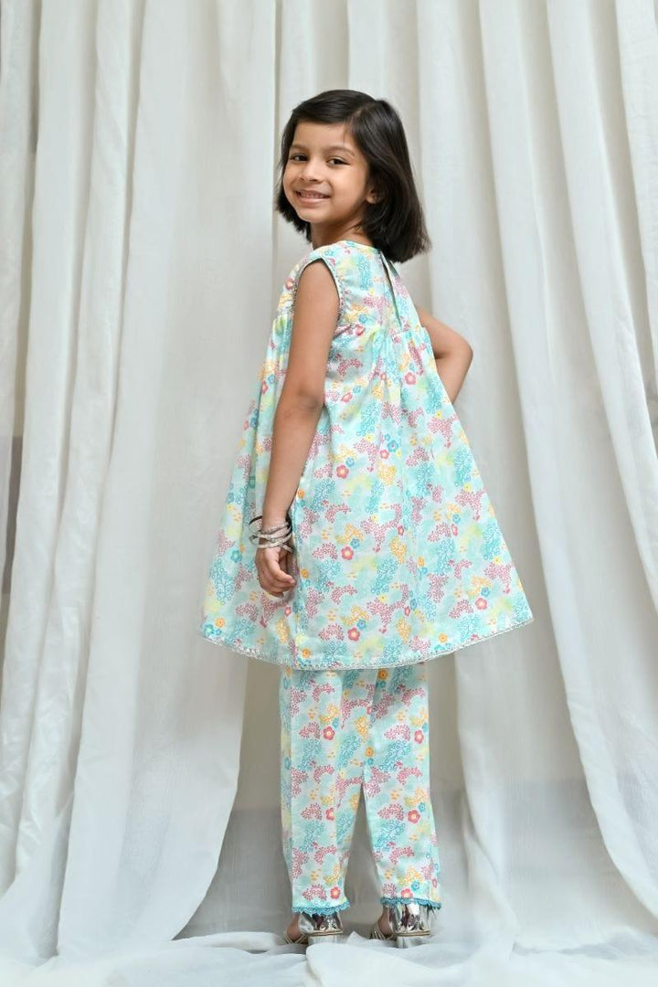 Mom4Little Aqua Blue printed Frock-2 piece