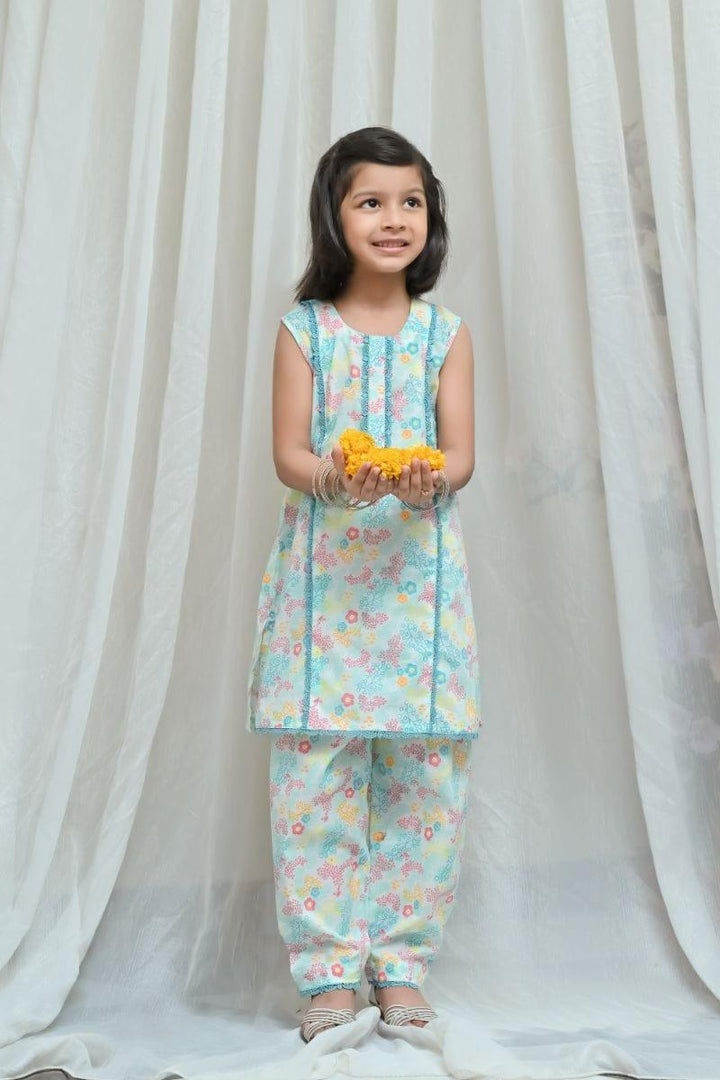 Mom4Little Aqua blue Printed Co-ords Set-2 piece
