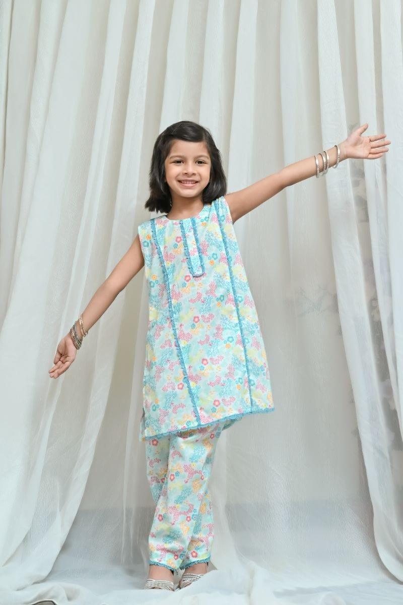 Mom4Little Aqua blue Printed Co-ords Set-2 piece