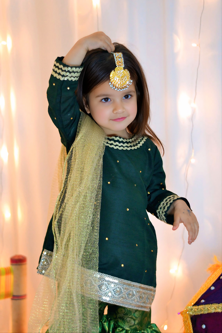 Mom4Little - Bottle Green Lehenga Set - Silk & Janawar with net - 3 Piece